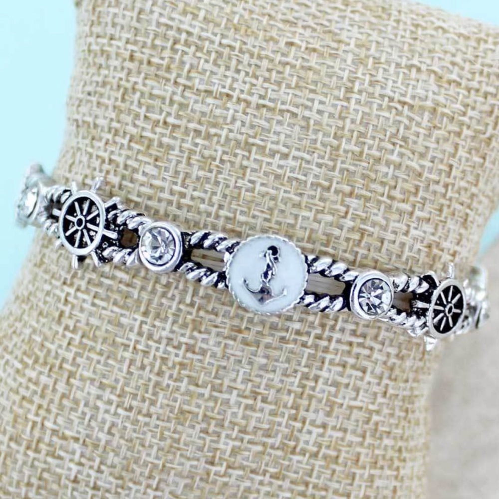Silvertone and White Anchor Stretch Bracelet